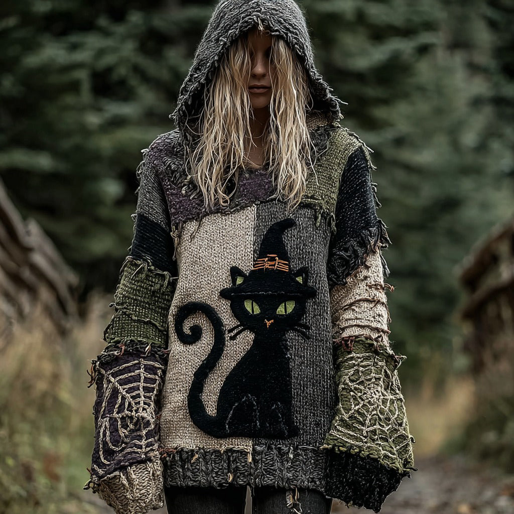 Halloween Scared Black Cat Patchwork Stitched Cozy Knit Hooded