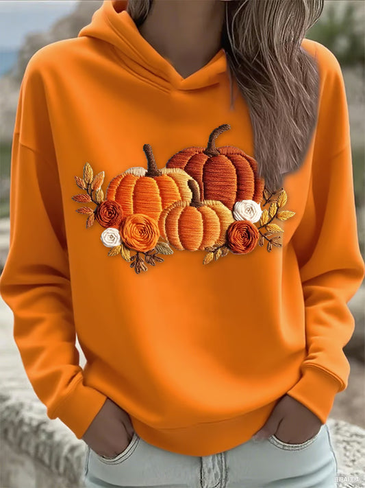 Women's Casual Orange Pumpkin Print Hoodie
