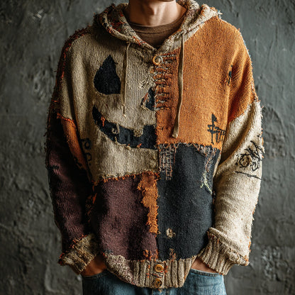 Men's Halloween Pumpkin Face Colorblock Stitched Cozy Knit Hooded Sweater