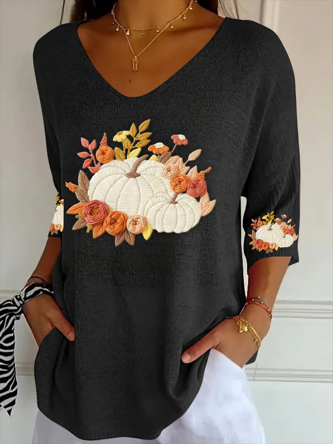 Women's Autumn Pumpkin Striped Three-quarter Sleeve Top