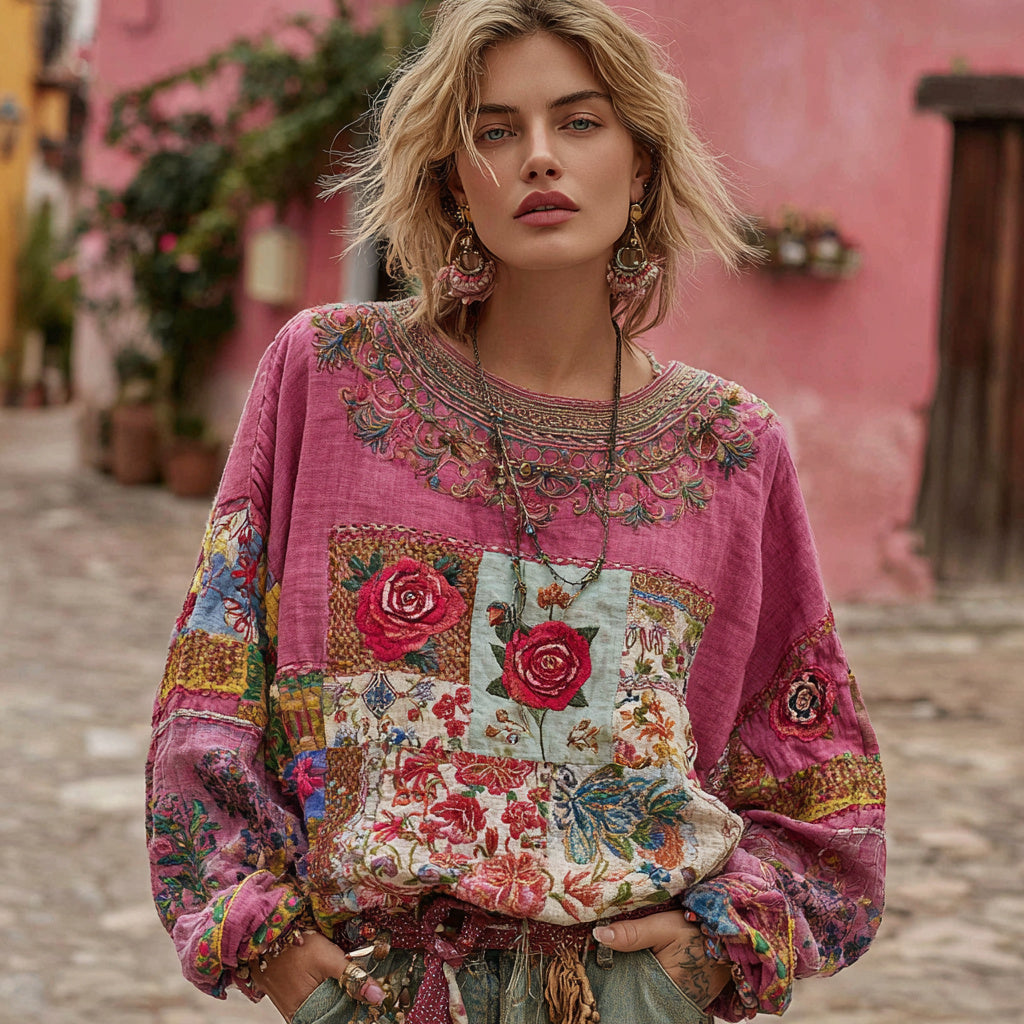 Women's Vintage Bohemian Rose And Floral Ethnic Embroidered Patchwork Linen Tunic
