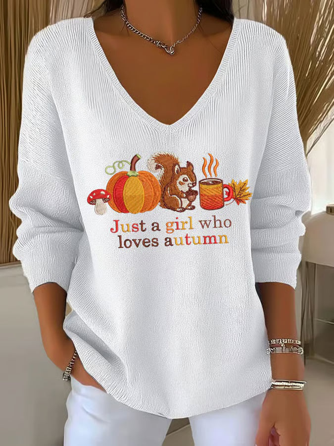 Women's Just A Girl Who Loves Autumn Print Casual Striped Fabric Long Sleeve T-shirt