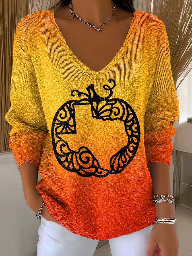 V-Neck Retro Texas Strong Fall Pumpkins Print Knitted Tops