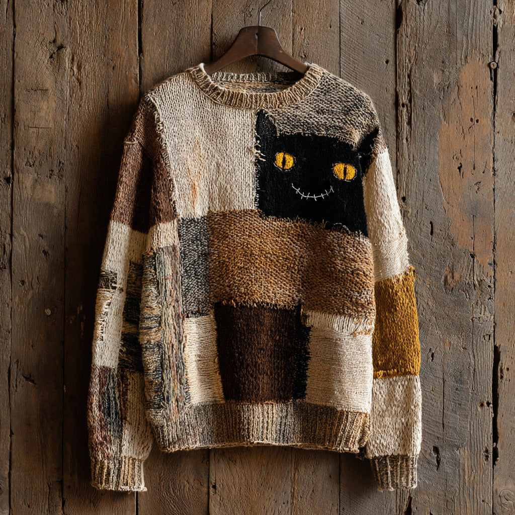 Halloween Abstract Black Cat Smiling Face Contrast Stitched Cozy Knit Sweater