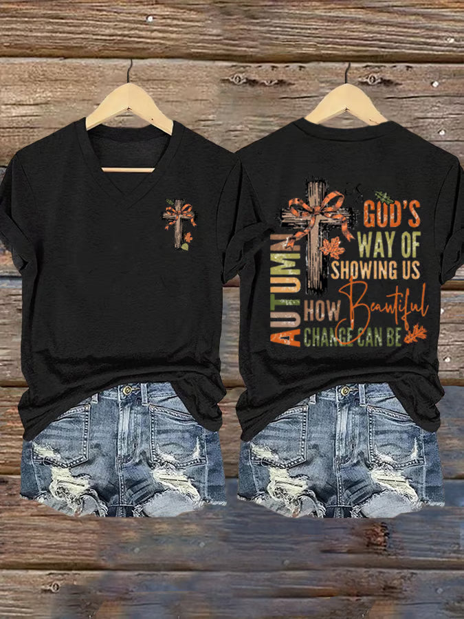 Women's Faith Fall is God's Way Of Showing Us How Beautiful Change Can Be Printed Short Sleeve T-Shirt