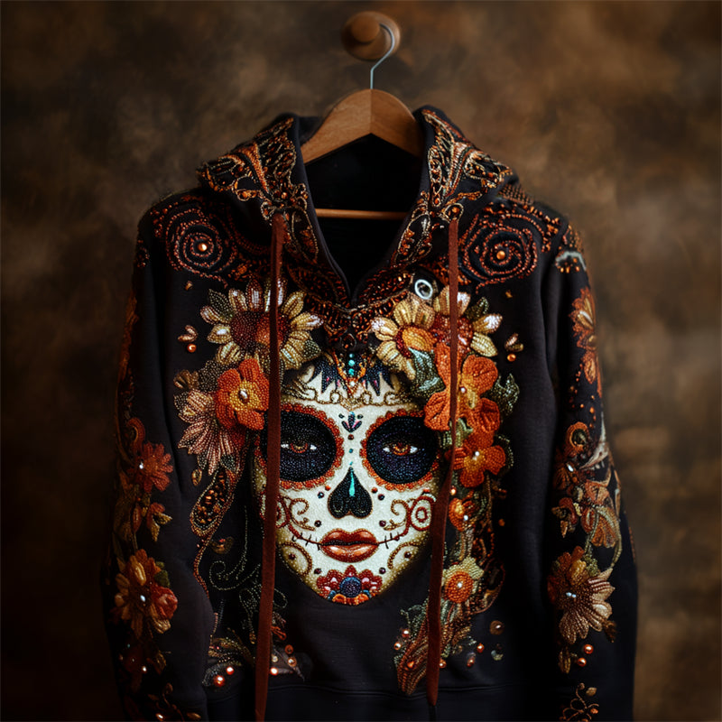 Day Of The Dead Sugar Skull Woman Floral Glitter Hoodie