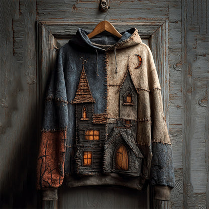 Halloween Spooky Castle Colorblock Stitched Washed Hoodie
