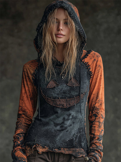 Halloween Spooky Face Contrast Stitched Washed Hoodie
