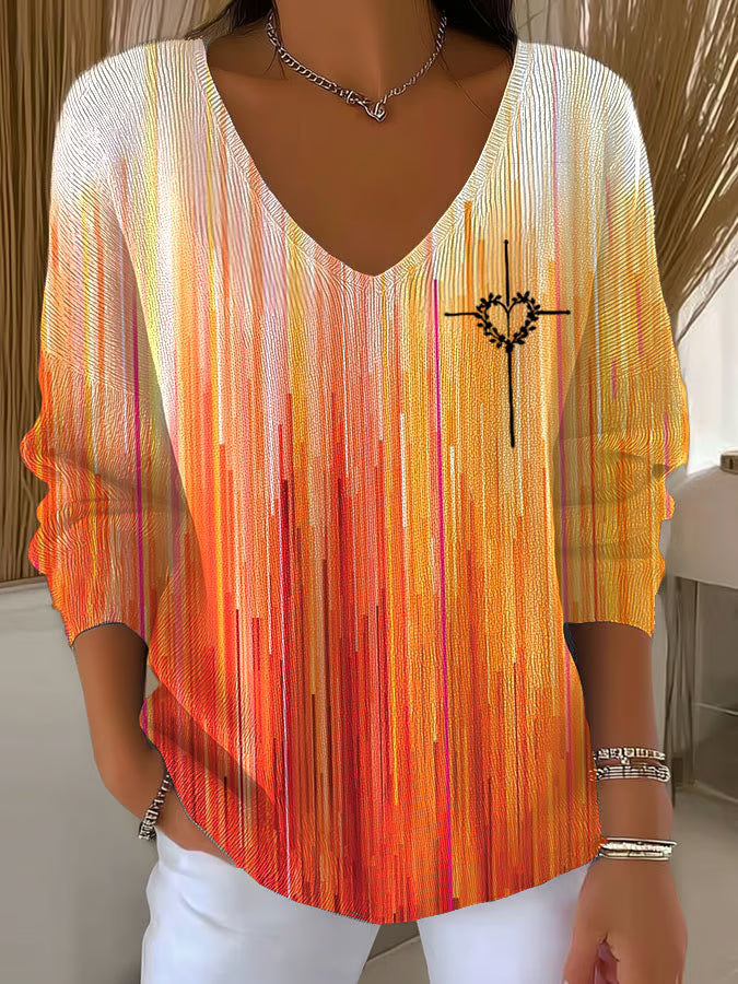 Women's Autumn Gradient Cross Print Long Sleeve Top