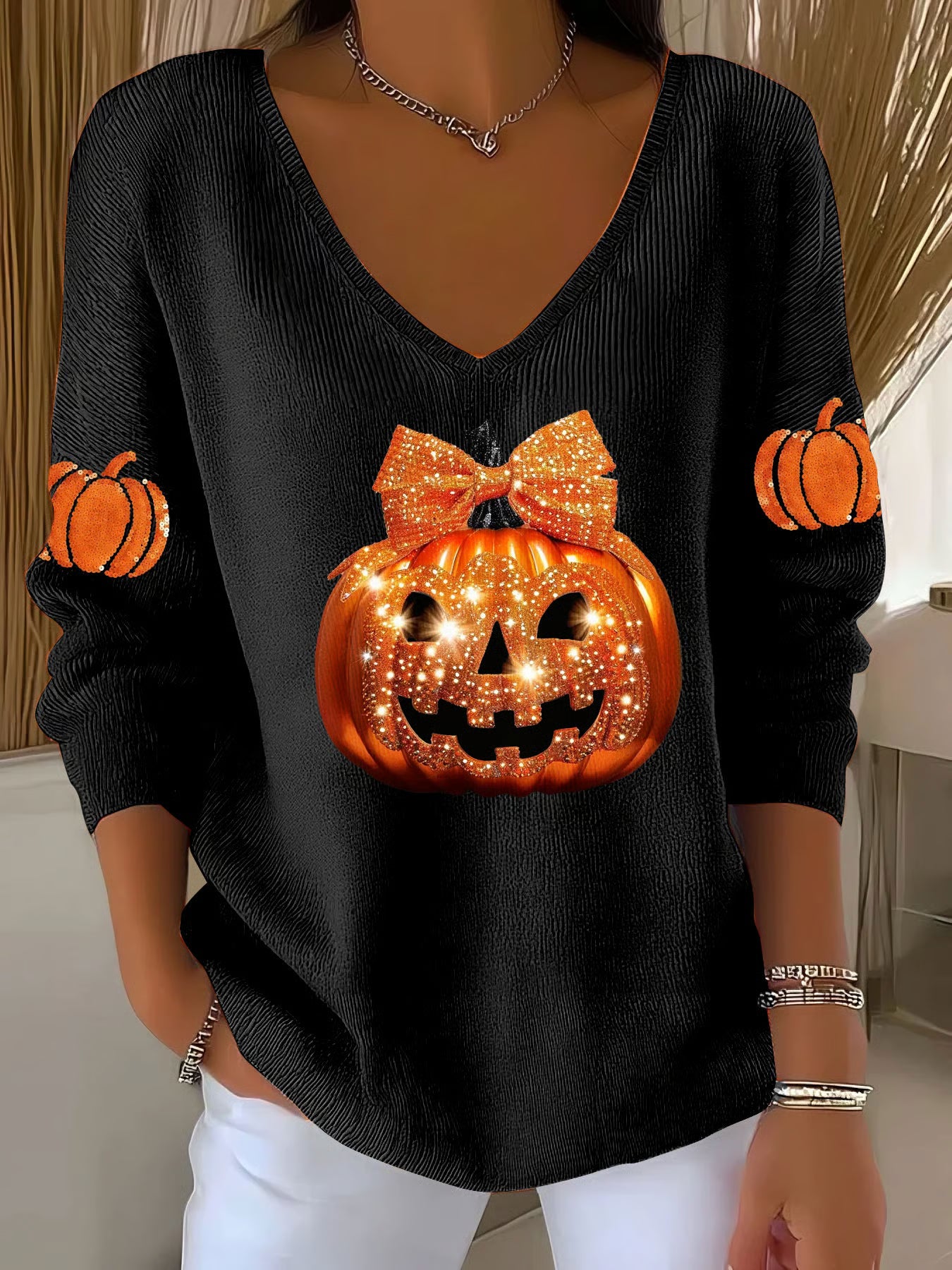 Women's Autumn Halloween Sequined Pumpkin Print V-Neck T-Shirt