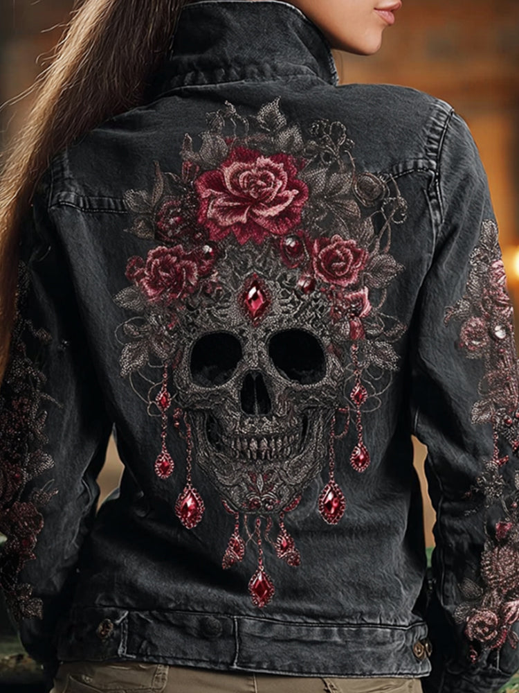 Women's Skeleton Rose Washed Long-sleeved Denim Jacket