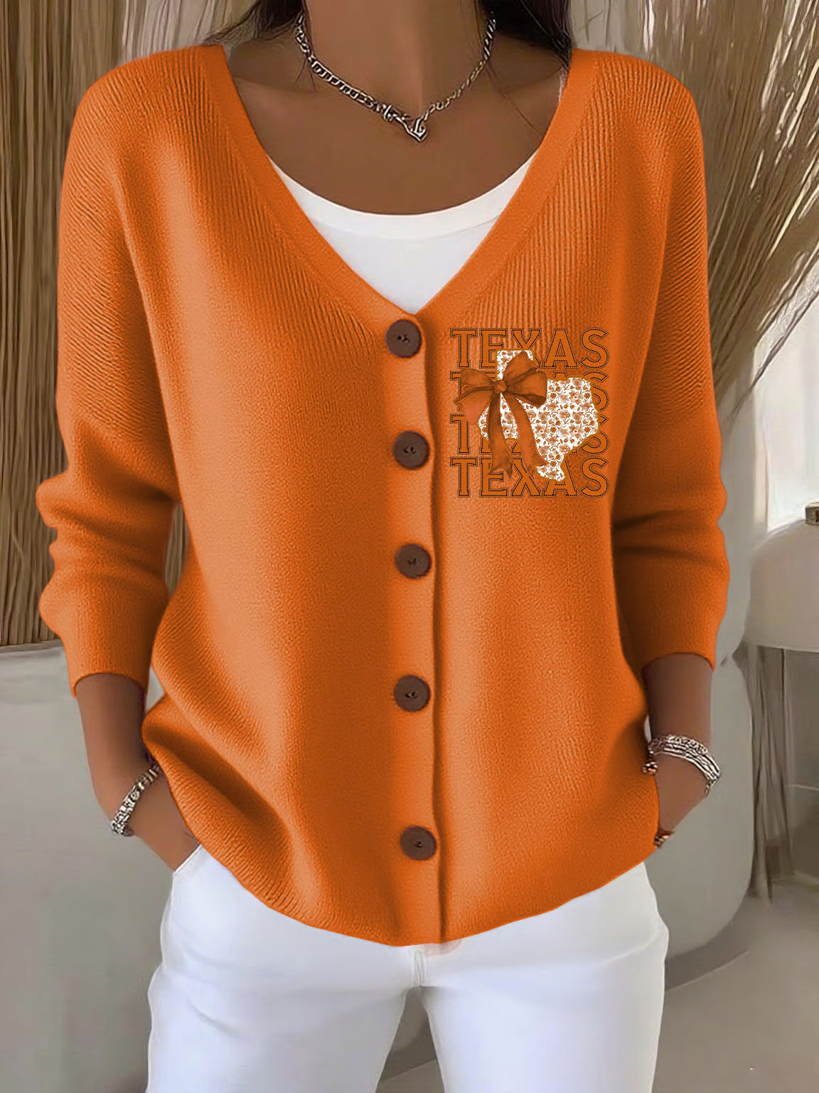 Women's Retro Burnt Orange Texas Coquette Bow Pink Print Cardigan
