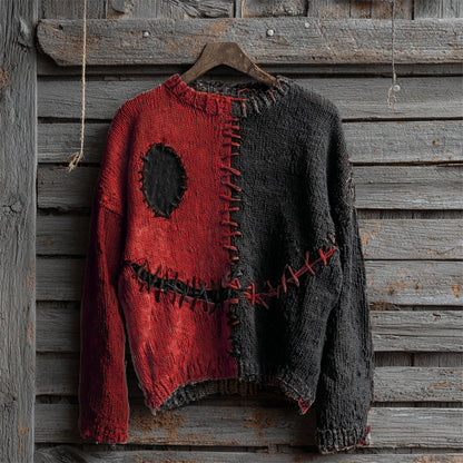Halloween Spooky Face Contrast Stitched Cozy Knit Sweater