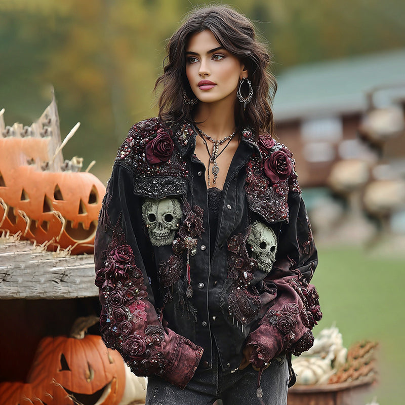 Rose And Skull Embroidered Gothic Rough-contrast Denim Jacket