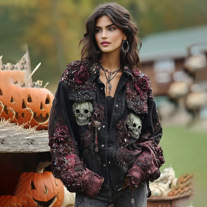 Rose And Skull Embroidered Gothic Rough-contrast Denim Jacket