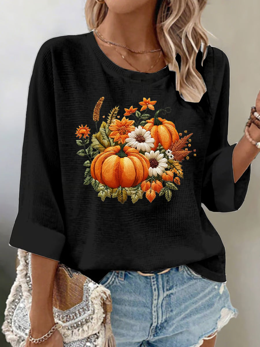 Women's Casual Autumn Pumpkin Waffle Long Sleeve T-shirt