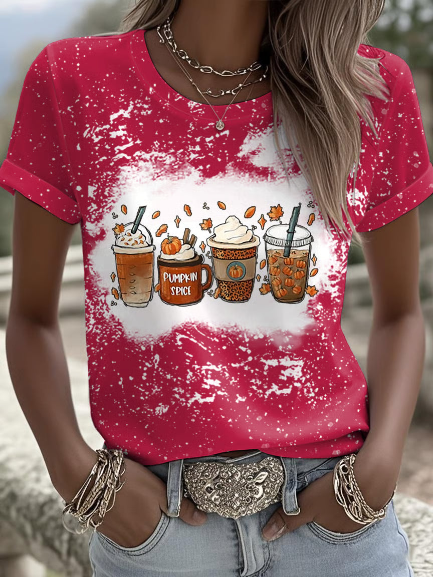 Retro Tie-Dye Fall Pumpkin Spice Latte Pumpkin Maple Leaf Printed Short-Sleeved T-Shirt