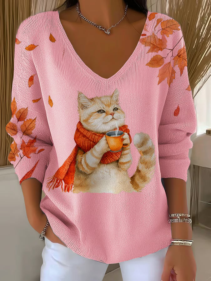 Women's Casual Autumn Animal Cat-Striped Long-Sleeved Top