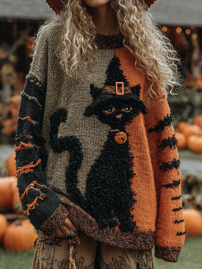 Halloween Cute Witch Cats Art Cozy Knit Sweater