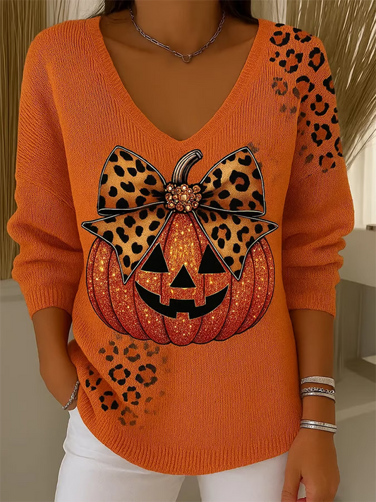 Women's Autumn Sequin Pumpkin Print Long Sleeve Top