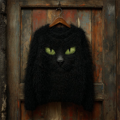 Halloween Fuzzy Black Cat Inspired Cozy Knit Sweater