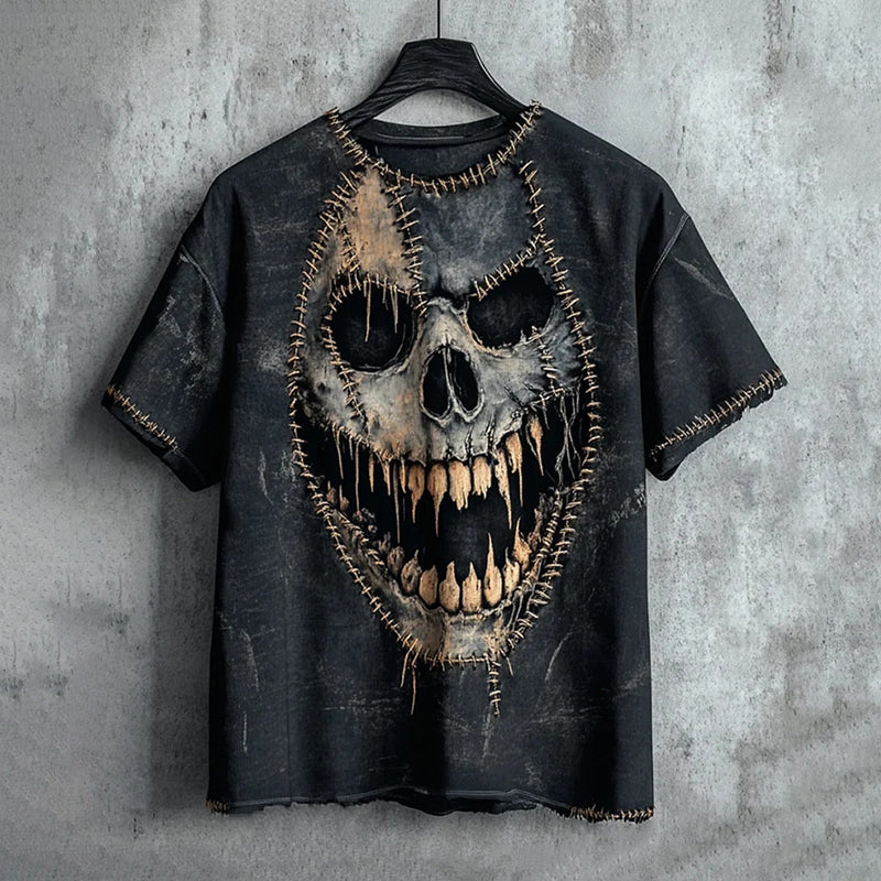 Men's Halloween Dark Horror Scary Face Stitch Patchwork Art Print T-shirt