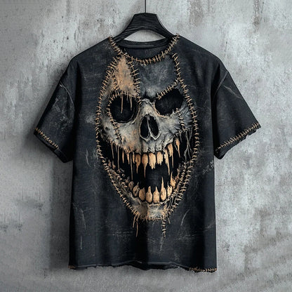 Men's Halloween Dark Horror Scary Face Stitch Patchwork Art Print T-shirt