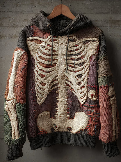 Halloween Skeleton Colorblock Anatomy Cozy Knit Hooded Sweater