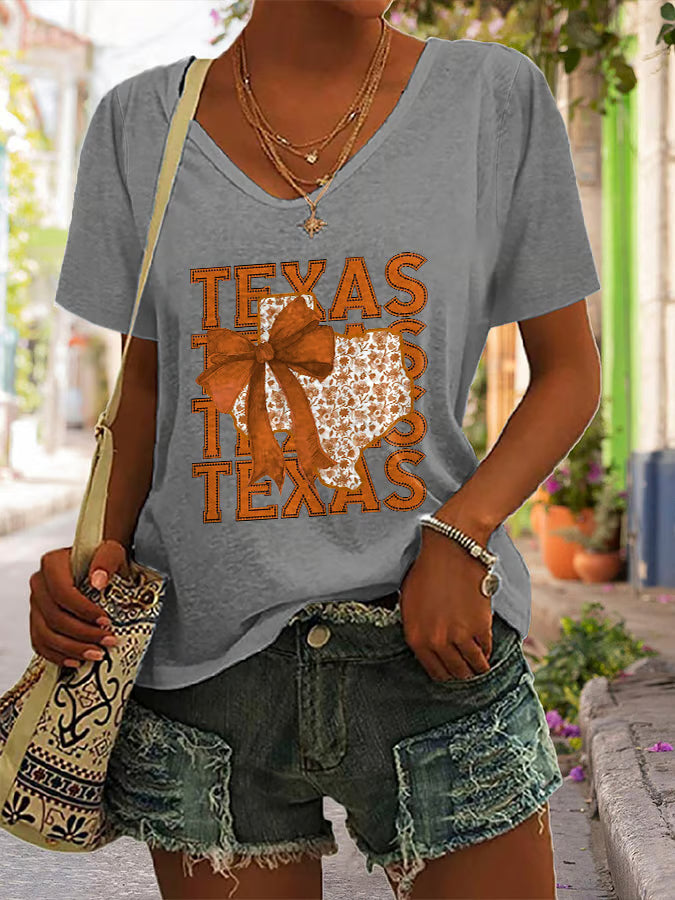V-Neck Retro Texas Autumn Burnt Orange Coquette Bow Print T-Shirt