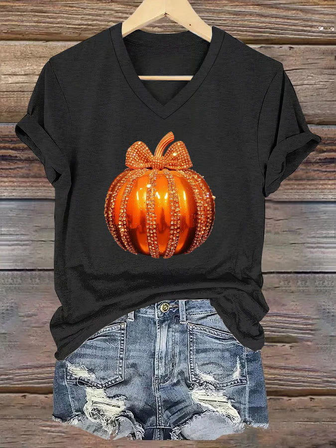 Women's Autumn Sequined Pumpkin Print V-Neck Short Sleeve T-Shirt