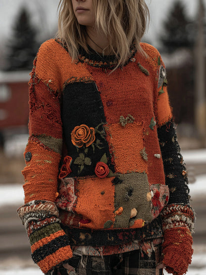 Vintage Halloween Floral Patchwork Knitted Crew Neck Cozy Sweater