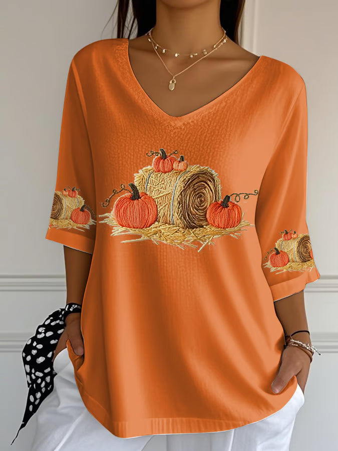 Women'S Casual Autumn Pumpkin Straw Print V-Neck T-Shirt