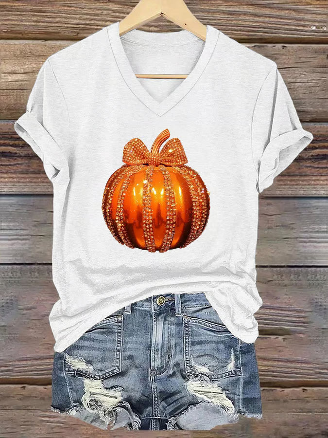 Women's Autumn Sequined Pumpkin Print V-Neck Short Sleeve T-Shirt