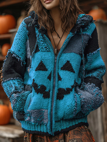 Patchwork Halloween Pumpkin Face Art  Cozy Knit Hooded Cardigan