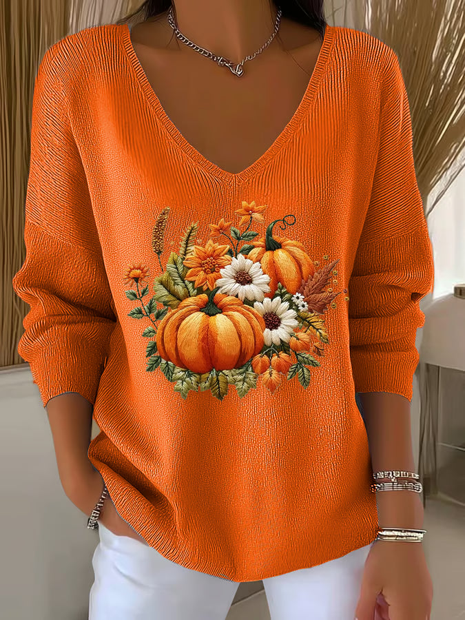 Women's Casual Autumn Pumpkin Striped Long Sleeve T-shirt