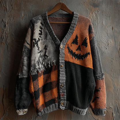 Halloween Pumpkin Face Plaid Patchwork Cozy Knit Cardigan