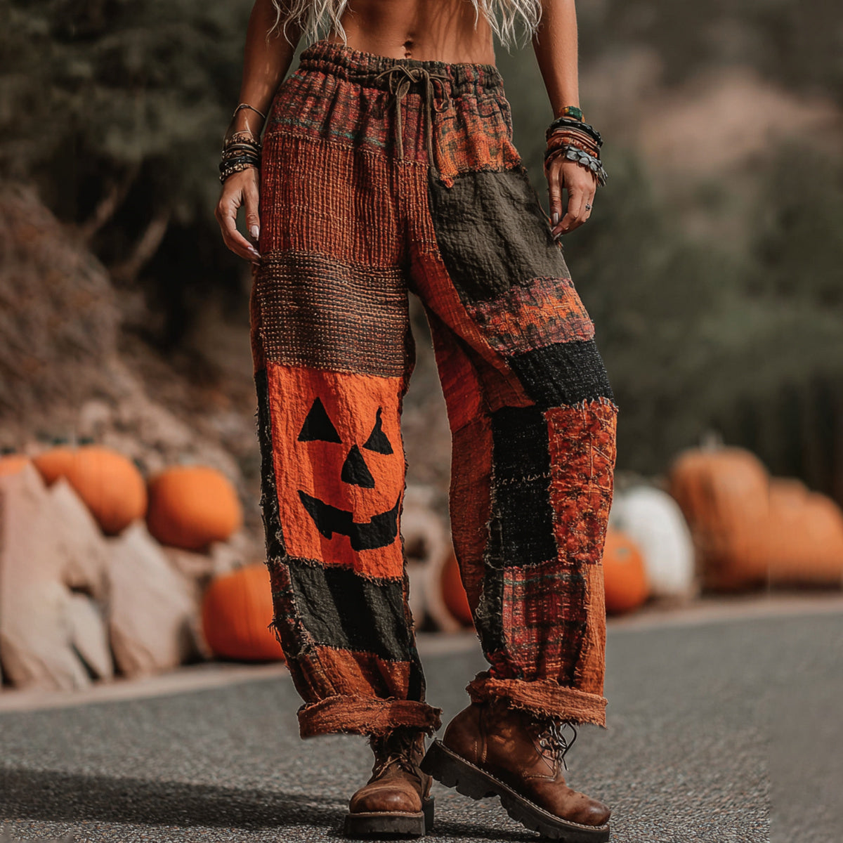Bohemian Halloween Pumpkin Face Contrast Color Patchwork Linen Pants