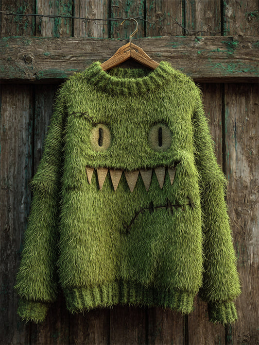 Halloween Fuzzy Monster Inspired Stitched Cozy Knit Sweater
