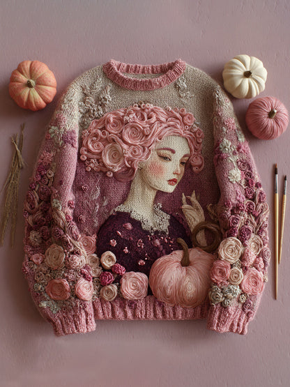 Women's Vintage Halloween Pink Art Knit Sweater