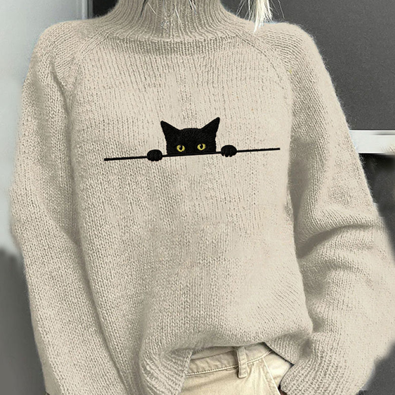 Women's Casual Funny Black Cat Print High Neck Sweater