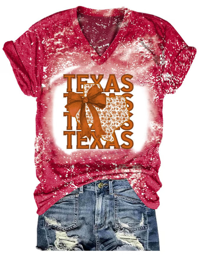 V-Neck Retro Texas Autumn Burnt Orange Coquette Bow Print T-Shirt