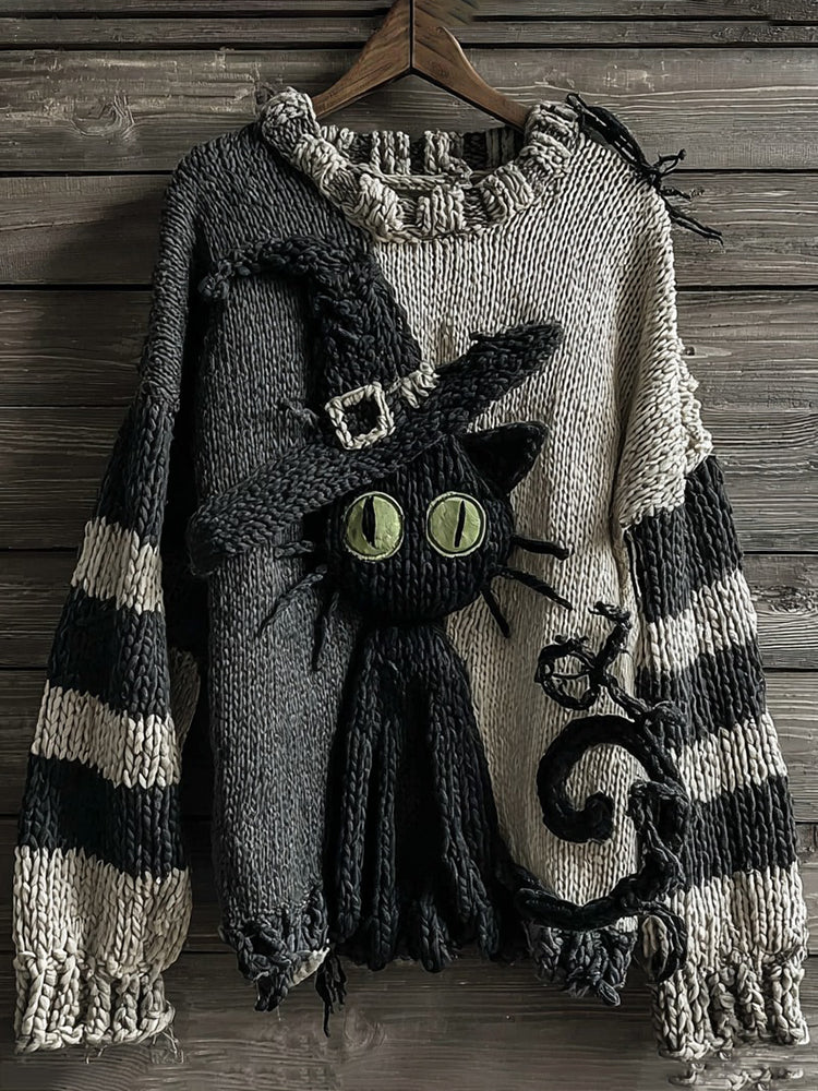 Halloween Black Cat Striped Knitted Warm Crew Neck Sweater