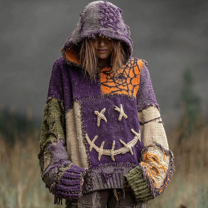 Halloween Spooky Face And Spider Web Patchwork Design Cozy Knit Hooded