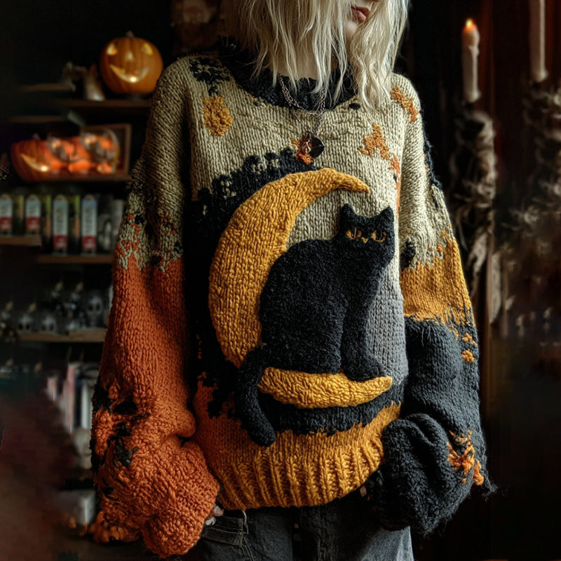 Halloween Black Cat Patchwork Art Cozy Knit Sweater