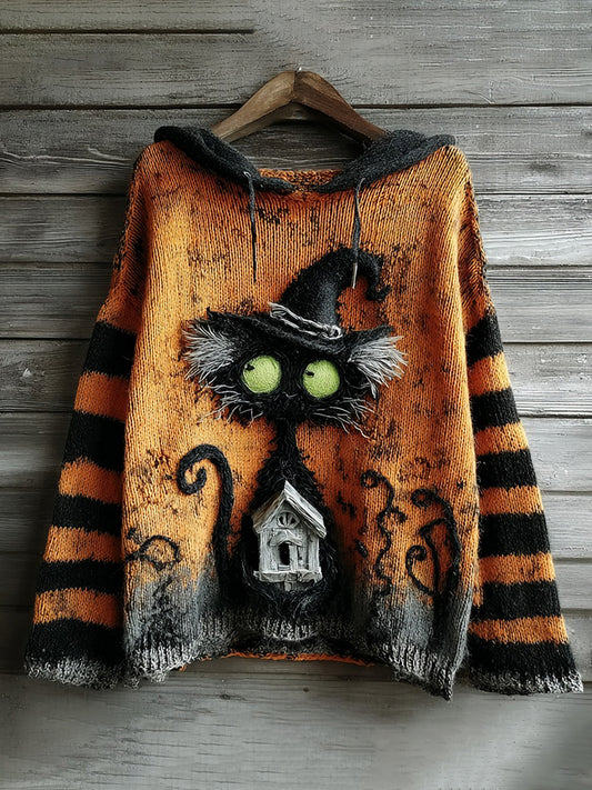 Halloween Black Cat And Castle Embroidered Knitted Warm Hooded Sweater