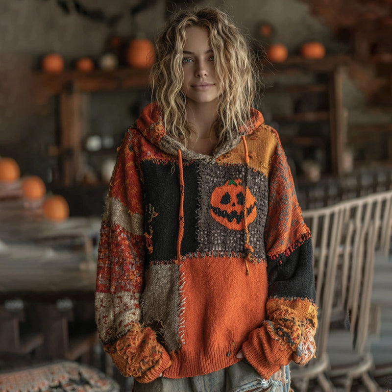 Halloween Pumpkin Patchwork Stitched Cozy Knit Hooded