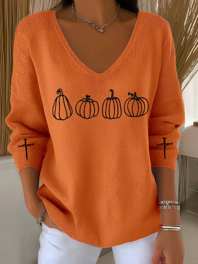 Women's Pumpkin Faith Print Casual Striped Fabric Long Sleeve T-Shirt