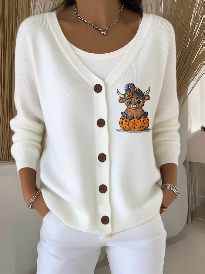 Women's embroidered Highland Cow pumpkin print knitted cardigan
