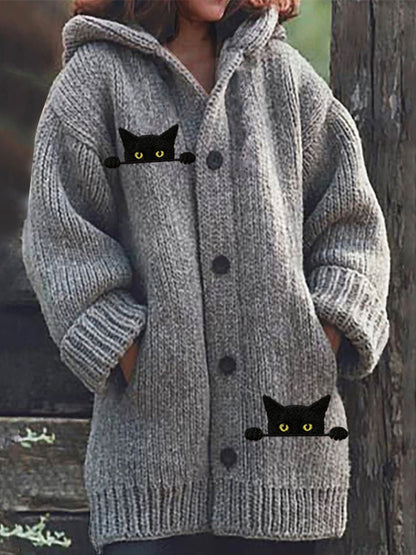 Women's Casual Funny Black Cat Print Hood Sweater