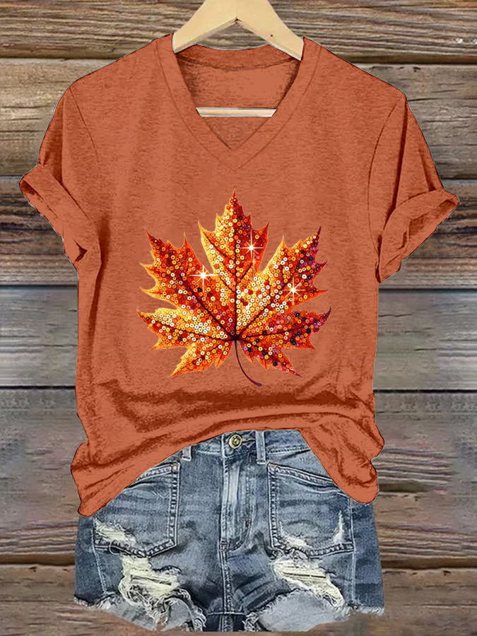 Women's Autumn Sequin Maple Leaf Print V-Neck T-Shirt